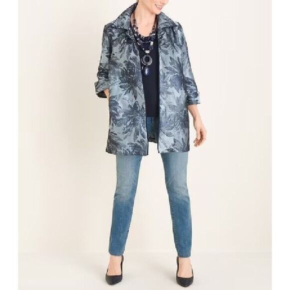 Chico's Womens Long Jacket 2/M Blue Tonal Floral Jacquard Open Front Blazer NWT - Picture 1 of 12
